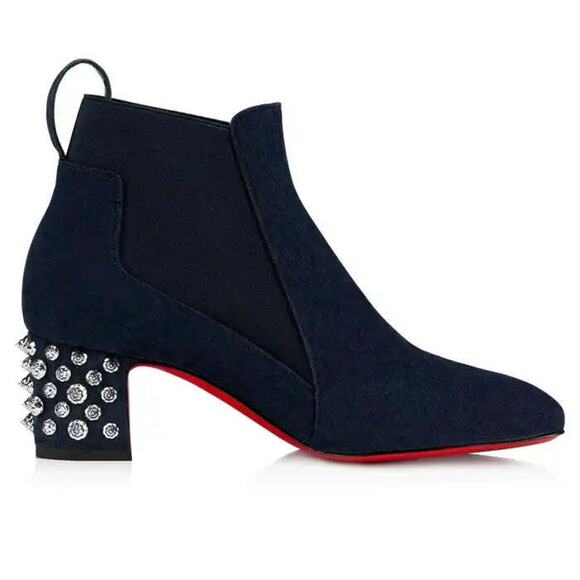 Christian Louboutin Study 55 Blue Suede Silver Spike Block Heel Ankle Boot 36.5 - Picture 7 of 9